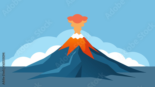 Snow-capped mountain volcano peak in the clouds with a beautiful sky and cold winter landscape view