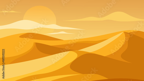A captivating vector illustration features a vibrant sunset over a diverse landscape, from a desert with dunes and a camel silhouette to a tranquil beach with water, mountains, and warm orange sky