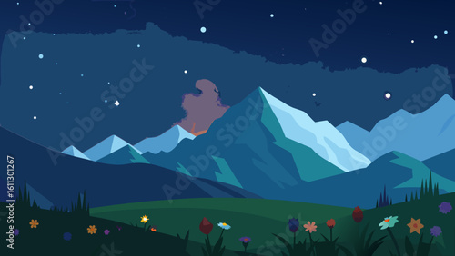 Snow-capped mountain peaks pierce a vast sky, creating a breathtaking winter landscape panorama