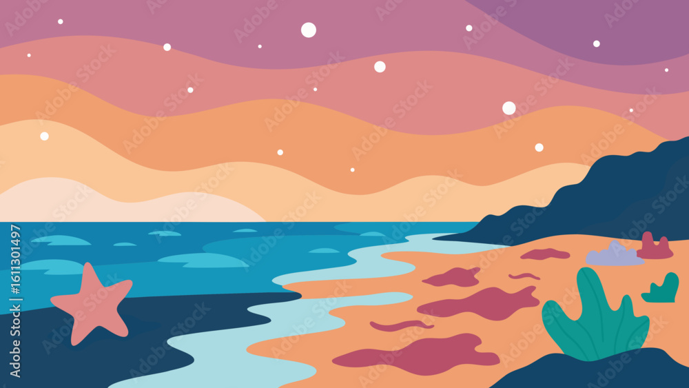 Fototapeta premium Abstract vector illustration of a summer sea landscape with waves, sky, and sun, featuring an artistic floral pattern