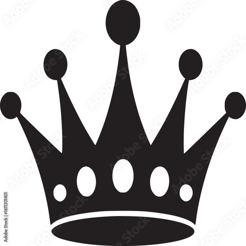 A black and white graphic image of a crown with round decorations on a white background design art