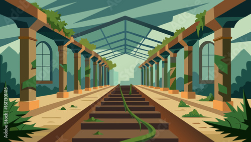 A long, old stone colonnade with arches and pillars offers a perspective down a sunlit street in the city of Barcelona