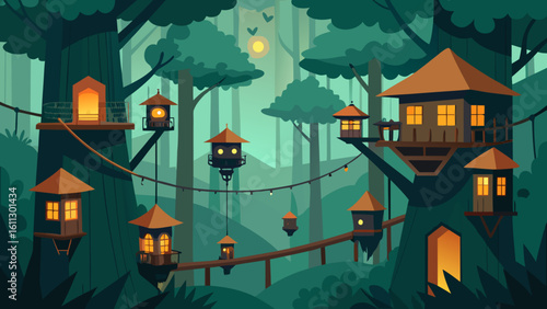 A mysterious illustration of a house in the forest at night, with a distant city silhouette under a starry sky