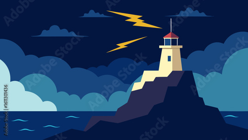 A towering lighthouse illuminates the night sky over a rugged coastline, its beacon guiding ships across the dark ocean landscape