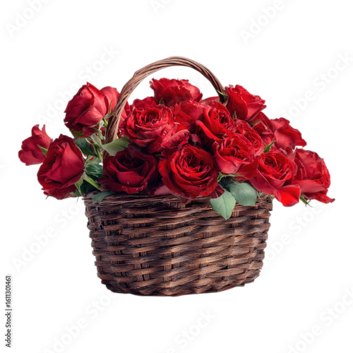 Beautiful Red Roses Flower Bouquet in Wicker Basket on Transparent Background