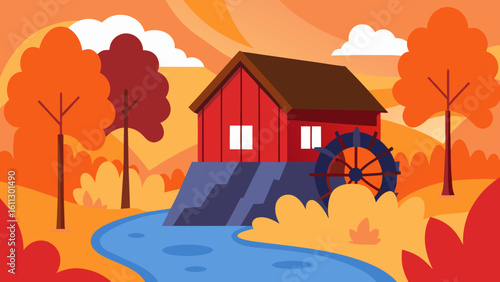 An idyllic cartoon cottage in an autumn landscape with a vibrant tree, clear sky, and rolling hills