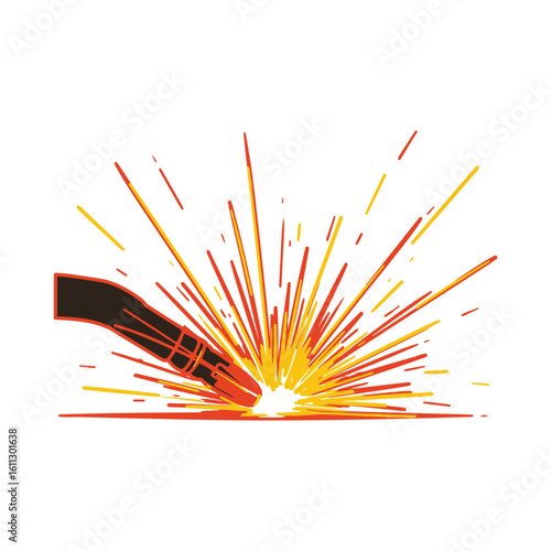 A welding torch emitting vibrant hot sparks while cutting metal. An industrial icon representing a blacksmith's fabrication work.