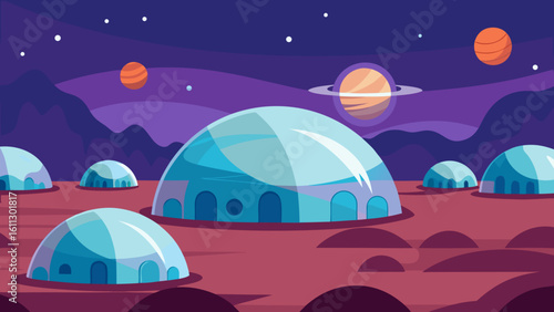 Night sky vector illustration with a UFO in dark space above the ocean, silhouetted by moonlight and stars