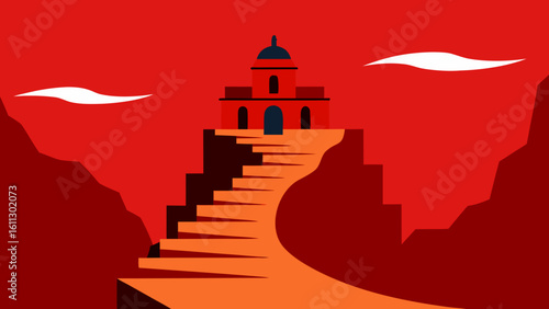Ancient Asian and European religious architecture, including churches, temples, pagodas, and castles, silhouetted against a dramatic sunset or night sky