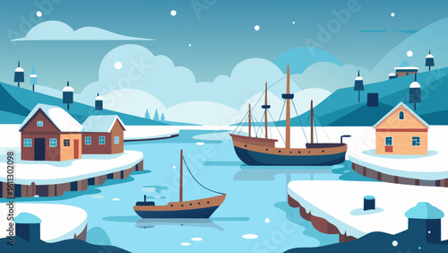 Winter landscape with houses and boats on the water, a serene nautical scene