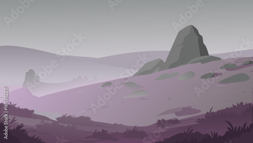 Majestic mountain landscape at sunrise, shrouded in an ethereal mist with silhouettes of hills and a fiery sky
