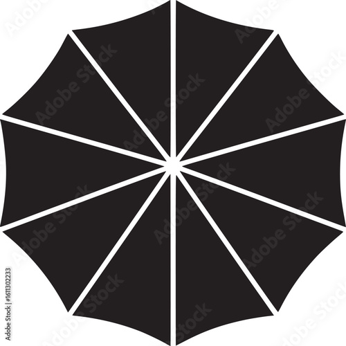 A top down view of a black umbrella with white lines radiating from the center on a white background