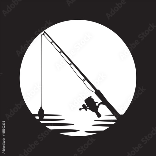 A silhouette of a fishing rod with a reel and line against a white circle over water waves art