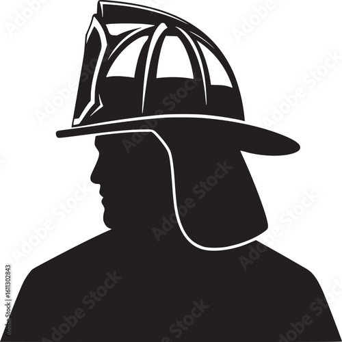 Silhouette of a firefighter wearing a helmet with intricate details in black and white design style
