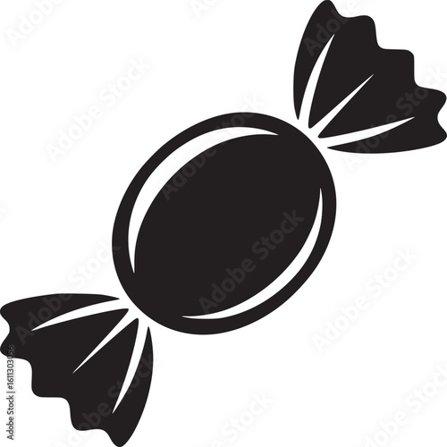 A simple black and white graphic illustration of a wrapped candy on a plain white background space