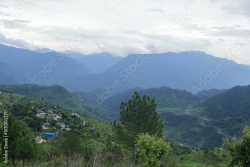 A panoramic view of the mountains of Tehri Garhwal, showing forests, mountains and beautiful villages.