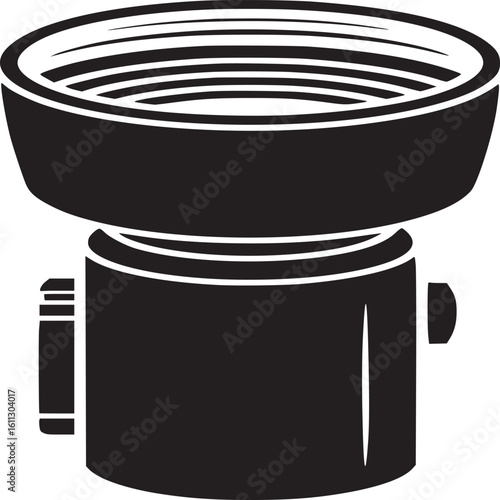 A simple black and white illustration of a flashlight with a circular head and a cylindrical body