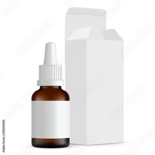 Realistic vector illustration of brown dropper bottle with open white box. Ideal for branding essential oils, serum, herbal medicine, or cosmetic product. Clean isolated mockup
