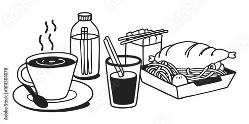 Illustration of a coffee cup, water bottle, juice glass, and a takeout container with food items