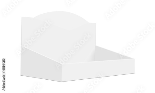 Blank counter display box mockup, side perspective view. Ideal for showcasing small products or brochures at checkout counters. Simple white cardboard template, isolated on white background
