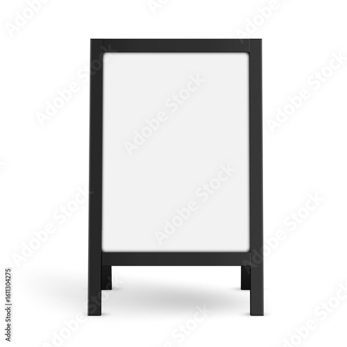 Blank A-frame sandwich board mockup. Ideal for street advertising, cafe menu display, or studio signage. Minimalist black frame, isolated on white, front view