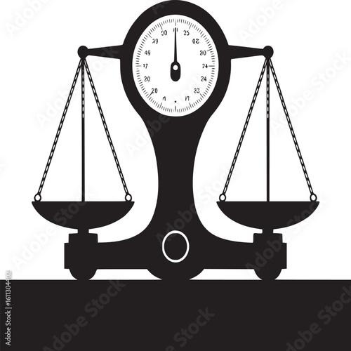A black and white illustration of an old fashioned balance scale with chains and a circular dial face