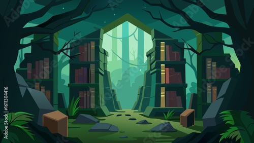 An ancient, light-filled corridor within an old abandoned house in the woods reveals intriguing architectural design through its stone walls, classic columns, and detailed window structures