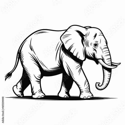 Detailed black and white illustration of a walking elephant