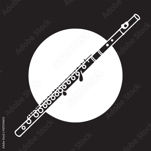 A black and white graphic of a flute diagonally across a white circle on a black background