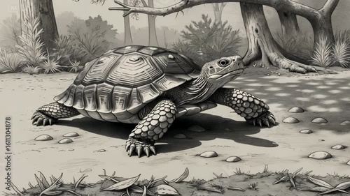 A majestic turtle with a textured shell roams quietly through a shaded forest ground. The scene captures a wildlife habitat with natural surroundings and a serene atmosphere.