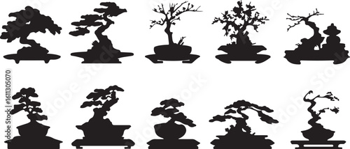 Bonsai Tree Silhouettes Vector Art Japanese Miniature Trees Set