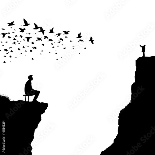  Silhouette of a person sitting on a cliff edge watching birds fly — peaceful minimalist concept