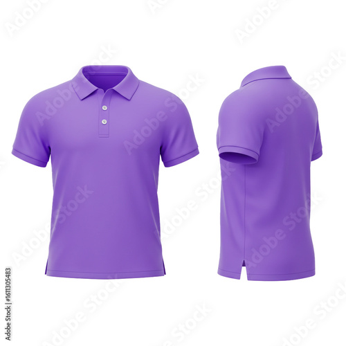 Stylish purple polo shirt with a classic collar and button placket, presented from front and side perspectives.