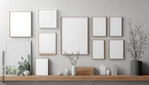 Multiple blank frames on a light gray wall