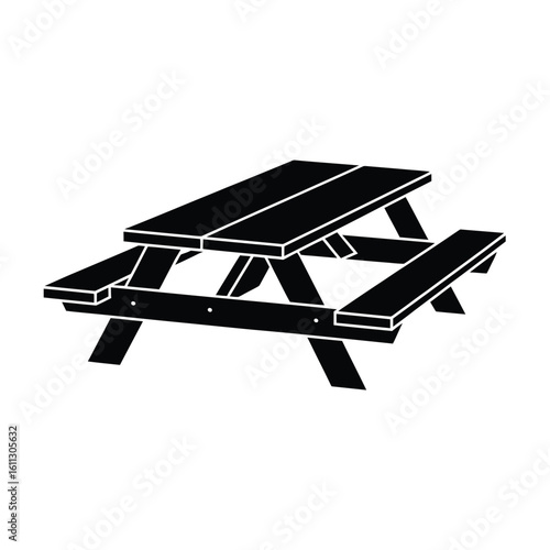 Black silhouette of a classic wooden picnic table with attached benches