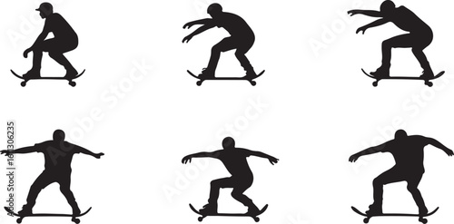 Skateboarder Silhouettes: Skateboarding Tricks, Vector Art Graphics