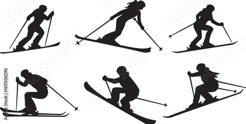 Silhouette Skiing: Winter Sport, Downhill Skier Vector Graphics