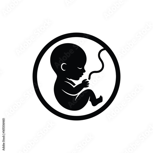Stylized silhouette of a fetus in the womb with umbilical cord