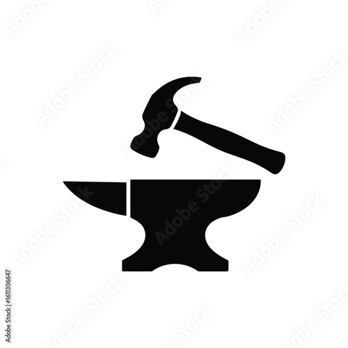 Blacksmith hammer and anvil silhouette icon for metalworking and craftsmanship