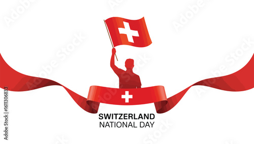 Silhouette holding Swiss flag with bold red ribbon and cross emblem below, celebrating Switzerland National Day with pride and tradition