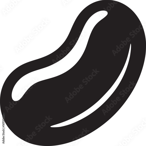 A simple black and white graphic illustration of a single kidney bean on a white background isolated
