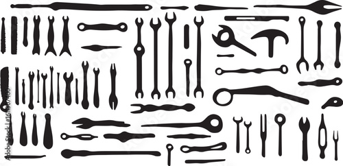 Black and White Vector Silhouette of Hand Tools Wrench Collection