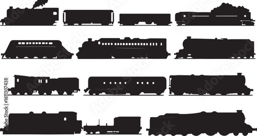 Train Silhouette Vector: Steam Engine, Railway Carriages, Black & White