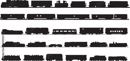 Train Silhouettes: Vintage Steam Locomotives and Railroad Cars Art