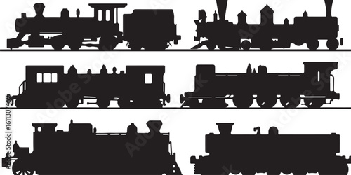 Train Silhouette Collection - Black and White Steam Locomotive Art