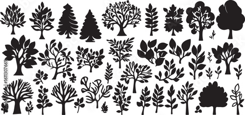 Black Silhouette Trees Vector Art, Forest Design Elements Set