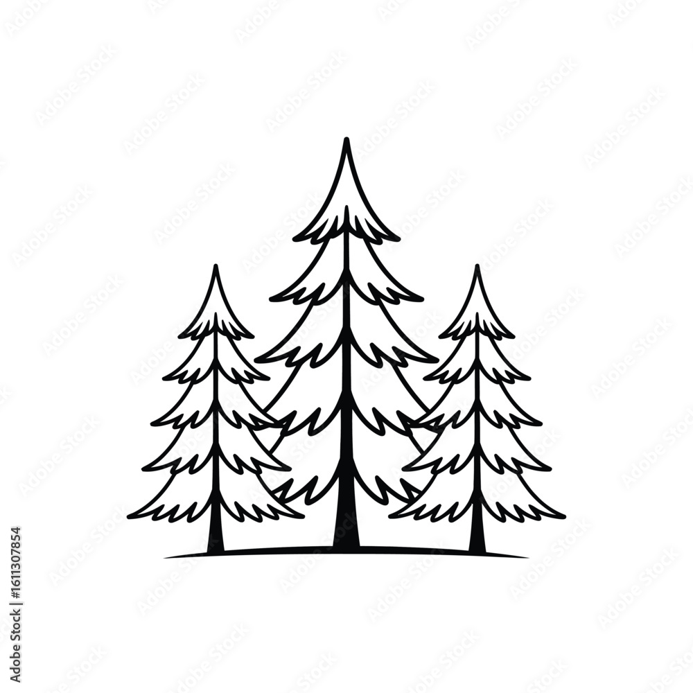 Fototapeta premium Three hand drawn evergreen trees in a simple line art style