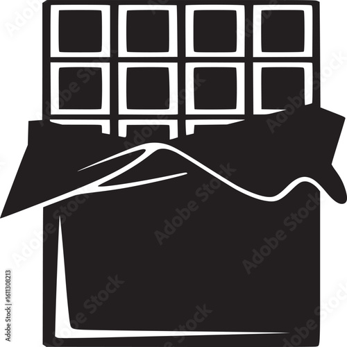 A black and white graphic illustration of a chocolate bar partially unwrapped showing the sections of chocolate