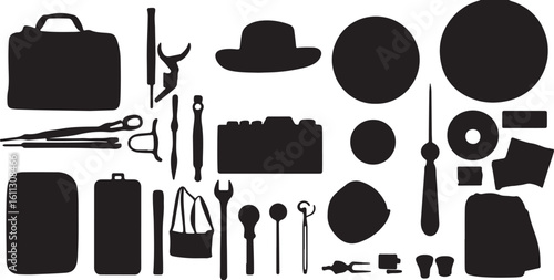 Black Silhouette Vector Graphics of Tools and Accessories Set