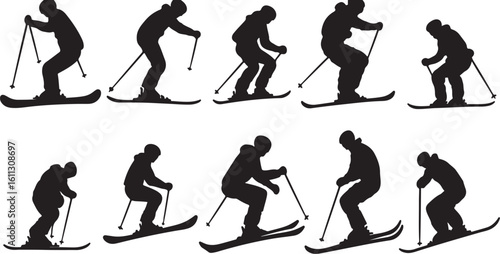 Silhouette Skiing: Winter Sport, Skiers, Downhill, Black and White